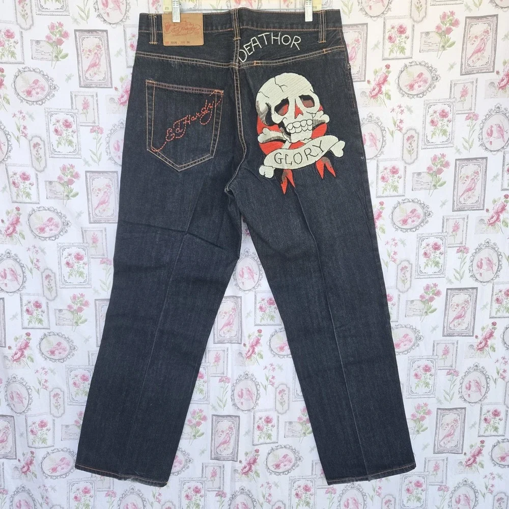 Vtg 2000s Ed Hardy Death or Glory Skull Embroidered Denim Jeans Y2K Men's‎ 38x34